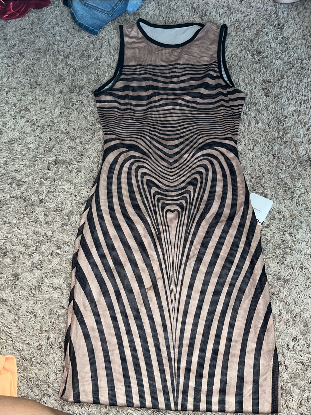 Sleeveless Black & Nude Optical-Stripe Bodycon Dress
